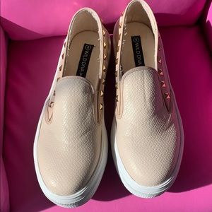 Cream, reptile embossed, studded platforms